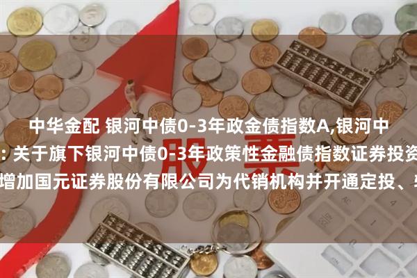 中华金配 银河中债0-3年政金债指数A,银河中债0-3年政金债指数C: 关于旗下银河中债0-3年政策性金融债指数证券投资基金增加国元证券股份有限公司为代销机构并开通定投、转换业务及参加费率优惠活动的公告